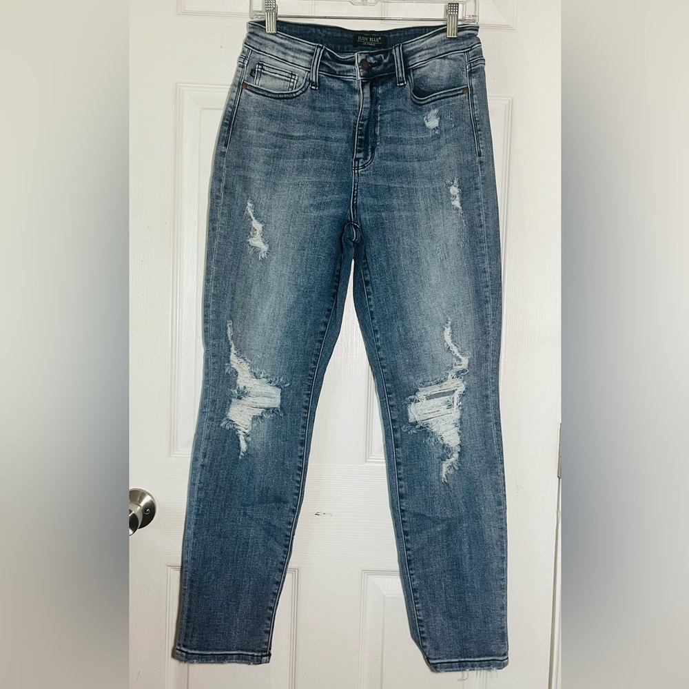 Judy Blue Distressed Boyfriend Fit Jeans - Blue Sz 7/28